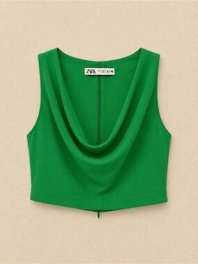 Zara Green Draped Cowl Neck Crop Top Women Small Sleeveless Back Zip